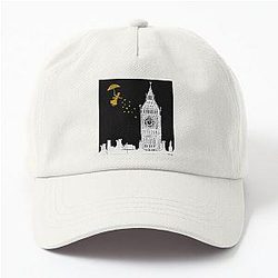 Mary Poppins and Big Ben Linocut Print Dad Hat in white black and gold