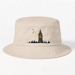 Mary Poppins and Big Ben Linocut Print in black white and gold Bucket Hat