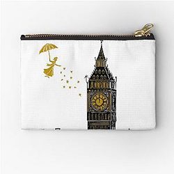 Mary Poppins and Big Ben Linocut Print in black white and gold Zipper Pouch