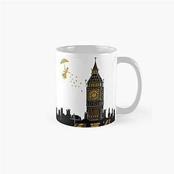 Mary Poppins and Big Ben Linocut Print in Black White and Yellow Classic Mug