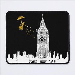 Mary Poppins and Big Ben Linocut Print in white black and gold Mouse Pad