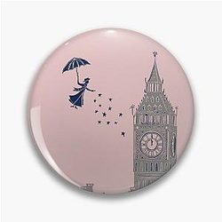 Mary Poppins flying over Big Ben linocut in pink and grey