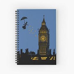 Mary Poppins and Big Ben Linocut Silhouette Print in black blue and gold Spiral Notebook