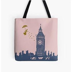 Mary Poppins and Big Ben in Blue and Pink All Over Print Tote Bag