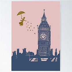 Mary Poppins and Big Ben in Blue Poster