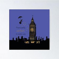 Mary Poppins Practically Perfect in Every Way Linocut Silhouette on Purple Poster