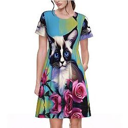Mid Century Modern Art Cat Print Stylish Women Everyday Wear Casual Short Sleeve Summer Dress Crewneck