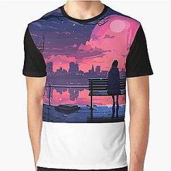 Lonely Anime Moonrise Graphic T-Shirt