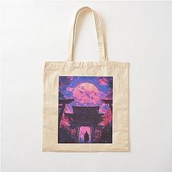 Cherry Blossom Moonrise at Ancient Japanese Temple Cotton Tote Bag