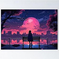 Lonely Anime Moonrise Poster
