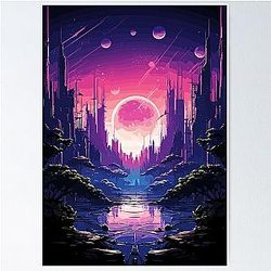Anime City Moonrise Poster