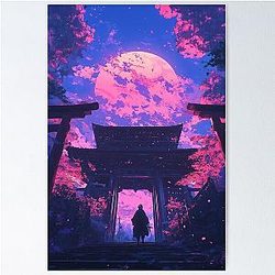 Cherry Blossom Moonrise at Ancient Japanese Temple Poster