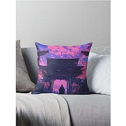 Cherry Blossom Moonrise at Ancient Japanese Temple Throw Pillow