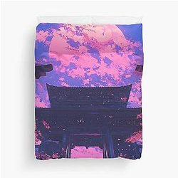 Cherry Blossom Moonrise at Ancient Japanese Temple Duvet Cover