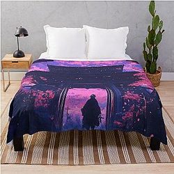 Cherry Blossom Moonrise at Ancient Japanese Temple Throw Blanket