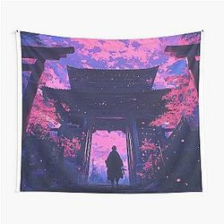 Cherry Blossom Moonrise at Ancient Japanese Temple Tapestry