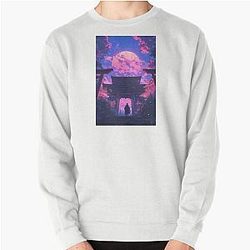 Cherry Blossom Moonrise at Ancient Japanese Temple Pullover Sweatshirt