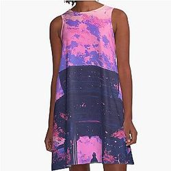 Cherry Blossom Moonrise at Ancient Japanese Temple A-Line Dress
