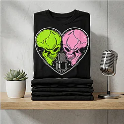 Morbid Podcast Pink and Green Skull Heart Microphone Graphic T-Shirt NTT1310 Morbid Podcast T-Shirts