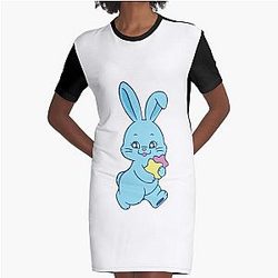 NewJeans Winter Star Bunny in Blue Graphic T-Shirt Dress