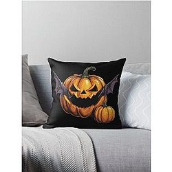 Halloween pumpkin eats a bat - tribute to Ozzy Osbourne Throw Pillow