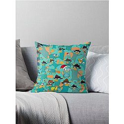 Phineas and Ferb Collage Pattern Design - Aquamarine Background Throw Pillow