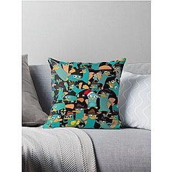 Perry the Platypus Phineas Ferb Collage Pattern Design Black Background Throw Pillow