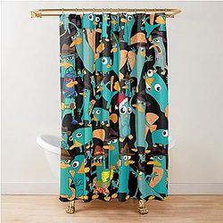 Perry the Platypus Phineas Ferb Collage Pattern Design Black Background Shower Curtain