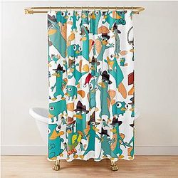 Phineas and Ferb Collage Pattern Design - White Background Shower Curtain