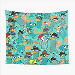 Perry the Platypus Phineas and Ferb Collage Pattern Design on Aquamarine Tapestry