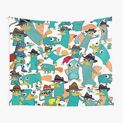 Perry the Platypus Phineas Ferb Collage Pattern Design White Background Tapestry