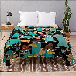Phineas and Ferb Collage Pattern Design - Black Background Throw Blanket