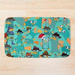 Phineas and Ferb Collage Pattern Design - Aquamarine Background Bath Mat
