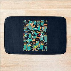 Perry the Platypus and Ferb Collage Pattern Design Black Background Bath Mat