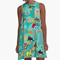 Phineas Ferb Collage Pattern Design - Aquamarine Background A-Line Dress
