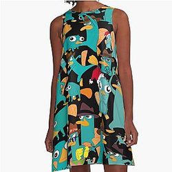 Perry the Platypus Phineas Ferb Collage Pattern Design Black Background A-Line Dress