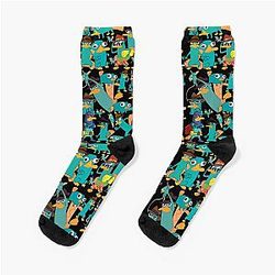 Perry the Platypus Phineas Ferb Collage Pattern Design Black Background Socks
