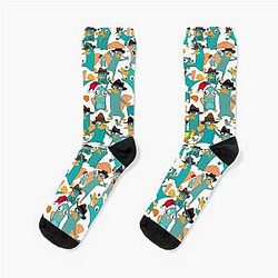 Perry the Platypus Phineas and Ferb Collage Pattern Design White Background Socks