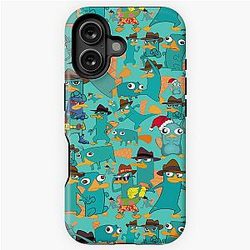 Perry the Platypus Phineas and Ferb Collage Pattern Design Aqua Background iPhone Tough Case