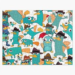 Perry the Platypus Phineas and Ferb Collage Pattern Design White Background Jigsaw Puzzle