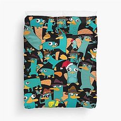 Perry the Platypus Phineas Ferb Collage Pattern Design Black Background Duvet Cover