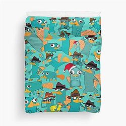 Perry the Platypus Phineas Ferb Collage Pattern Design Aquamarine Background Duvet Cover