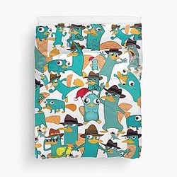 Perry the Platypus Phineas Ferb Collage Pattern Design White Background Duvet Cover