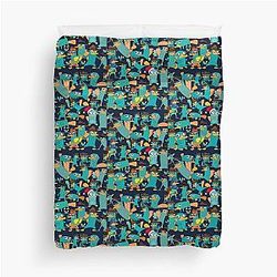 Perry the Platypus Phineas Ferb Collage Pattern Design Black Background Duvet Cover