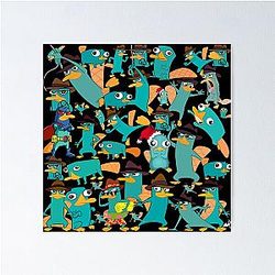 Perry the Platypus Phineas and Ferb Collage Pattern Design Black Background Poster