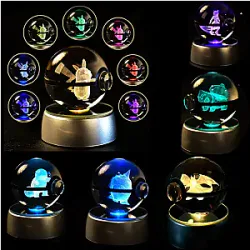 8pcs Pokemon Crystal Ball 5CM Mewtwo Pikachu Gengar Crystal Glass Pokemon Ball Pokeball Figure 3D Night Light LED Lamp Base Gift