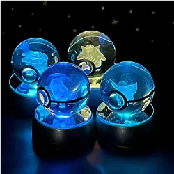 3D Pokemon Crystal Ball 5CM Mewtwo Pikachu Gengar Crystal Glass Pokemon Ball Pokeball Figure Night Light LED Lamp Base Gift