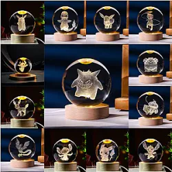 Pokemon Crystal Ball 3D Pikachu Gengar Mewtwo Lamp Base Pokeball Crystal Pokemon Glass Ball Figure Night Light Christmas Gift