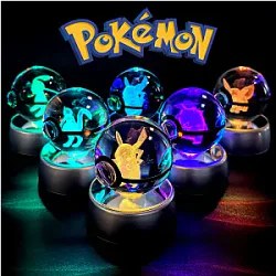 Pokemon Crystal Ball 3D Pikachu Gengar Mew Mewtwo Lamp Base Pokeball Crystal Pokemon Glass Ball Figure Night Light Birthday Gift