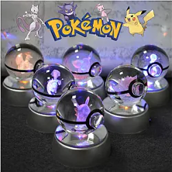 Pokemon 3D Crystal Ball Pikachu Gengar Mew Mewtwo Figurines Lamp Base Pokeball 3D Pokemon Glass Ball Statue Kids Birthday Gift
